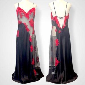 Jacalyn Bennett Frederick’s of Hollywood Silk Red Black Maxi Gown Slip Dress 1X